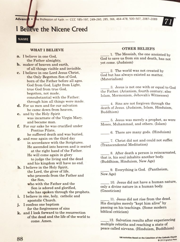 Nicene Creed worsheet